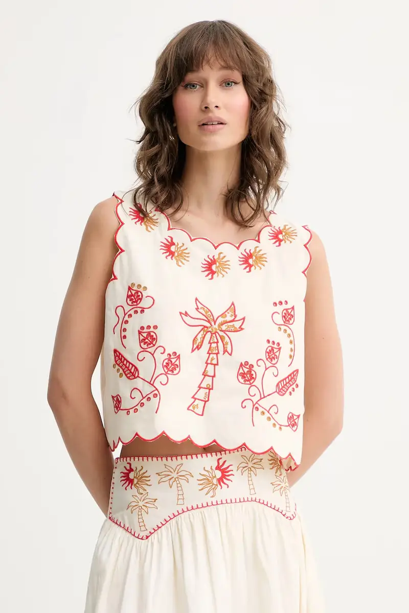 camicetta in cotone donna colore beige con applicazione NFDTO1682