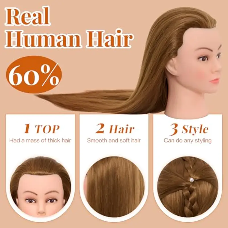 Neverland Beauty Testa per Parrucchieri 60% Capelli Umani, 71 cm Testa di Allenamento per Parrucchieri, Testa di miniatura 3