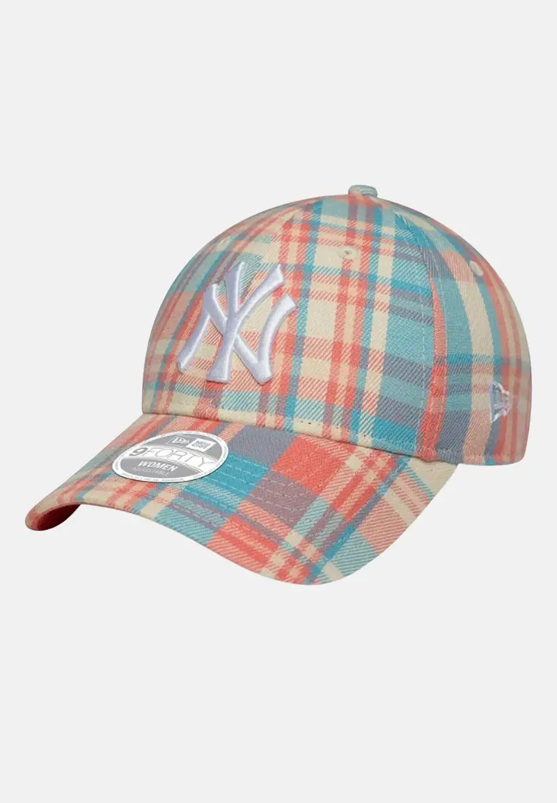 NEW ERA Cappello con visiera 9FORTY New York Yankees MLB Check da donna con fantasia a quadri nei toni del rosa, azzurro e panna