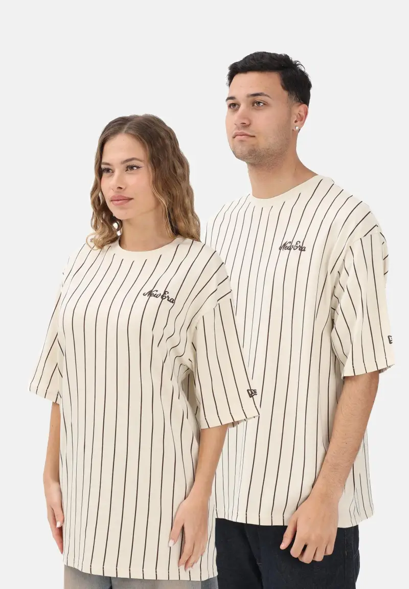 T-shirt a manica corta Oversized New Era Pinstripe panna per uomo e donna
