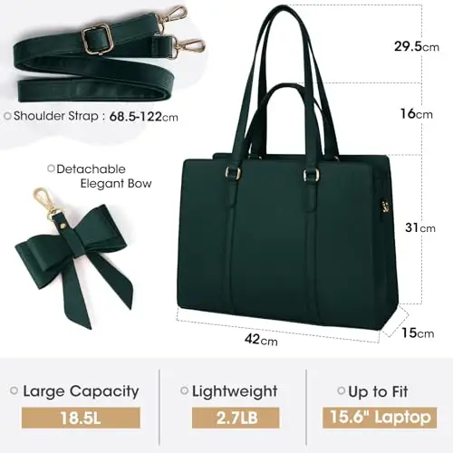 NEWHEY Borsa Università Donna in Pelle PU Grande Tote Bag per Lavoro e Porta PC 15.6 Pollici a Spalla e Tracolla Verde miniatura 2