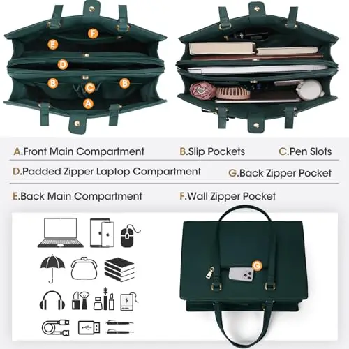 NEWHEY Borsa Università Donna in Pelle PU Grande Tote Bag per Lavoro e Porta PC 15.6 Pollici a Spalla e Tracolla Verde miniatura 3