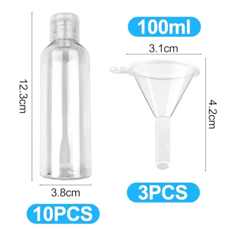 Newpop 10 Pezzi Flaconi da Viaggio 100 ml, Kit Contenitori Viaggio Liquidi, Boccette da Viaggio con 3 Piccoli Imbuti, Trasparente Bottiglie da Viaggio per Shampoo Creme Lozioni Liquide miniatura 2