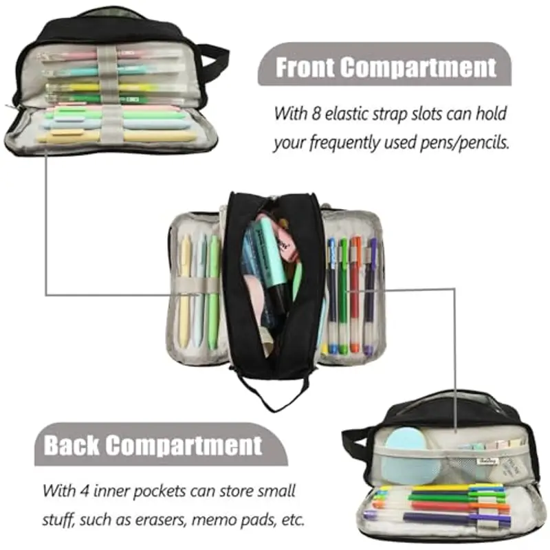 NEWUPZSI Astuccio Scuola Astuccio Nero Grande Capacità con 3 Scomparti Astuccio Matite Cancelleria Astuccio Astuccio miniatura 2