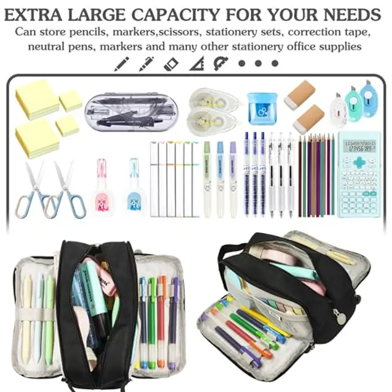 NEWUPZSI Astuccio Scuola Astuccio Nero Grande Capacità con 3 Scomparti Astuccio Matite Cancelleria Astuccio Astuccio miniatura 3