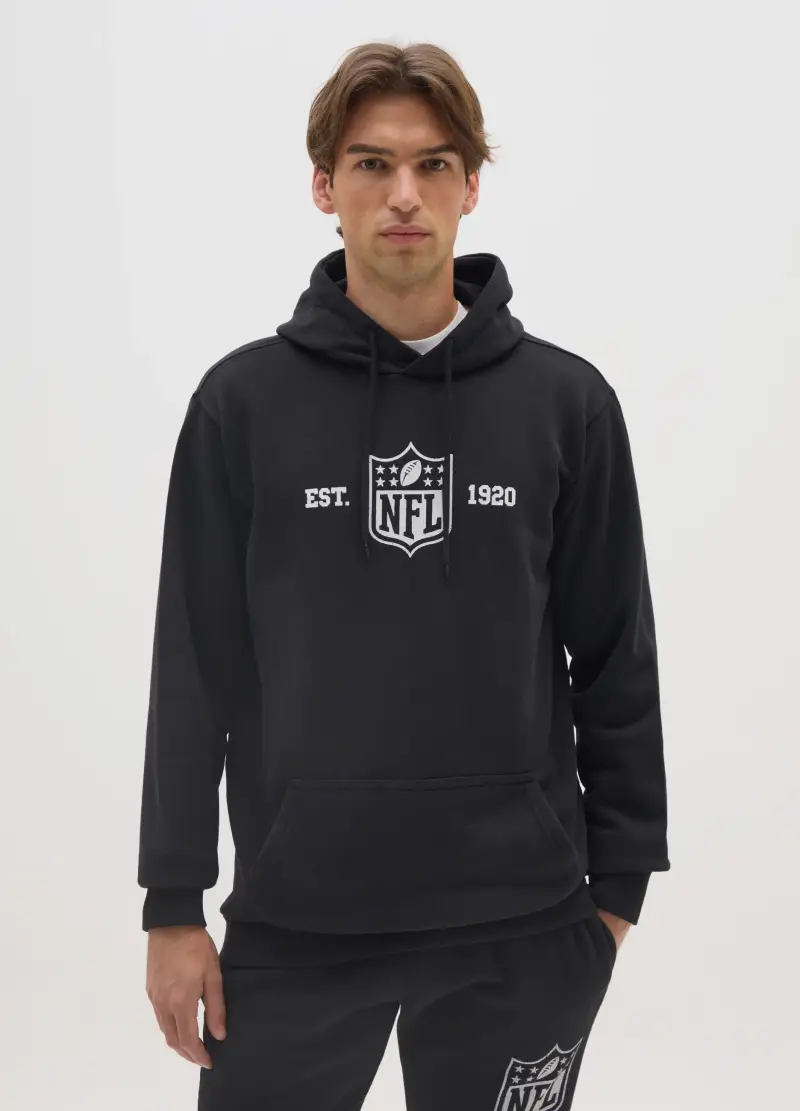 Felpa In Misto Cotone Nero Con Logo Nfl E Cappuccio, Unisex, Nero