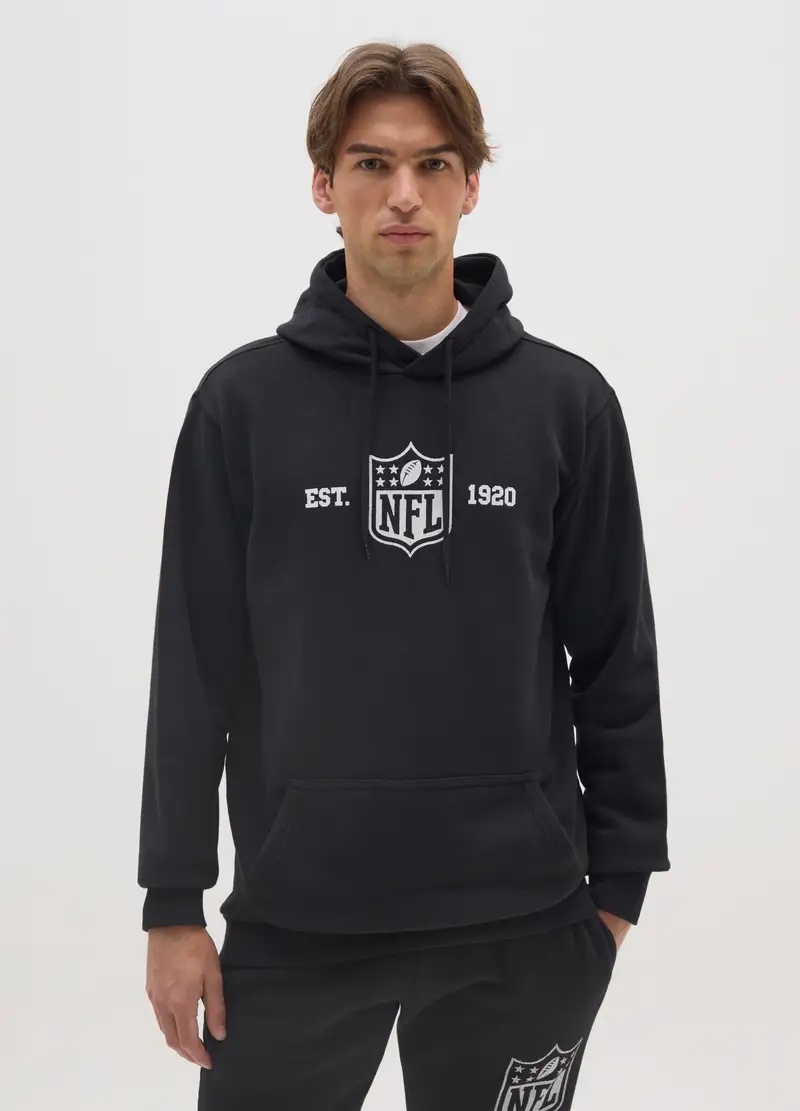 Felpa In Misto Cotone Nero Con Logo Nfl E Cappuccio, Uomo, Nero