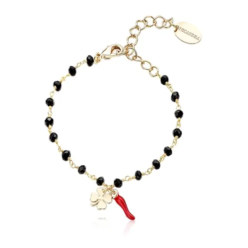 NICANDRA Bracciale Portafortuna Donna con Cornetto Rosso e Quadrifoglio - Bracciale Donna Acciaio Inossidabile e