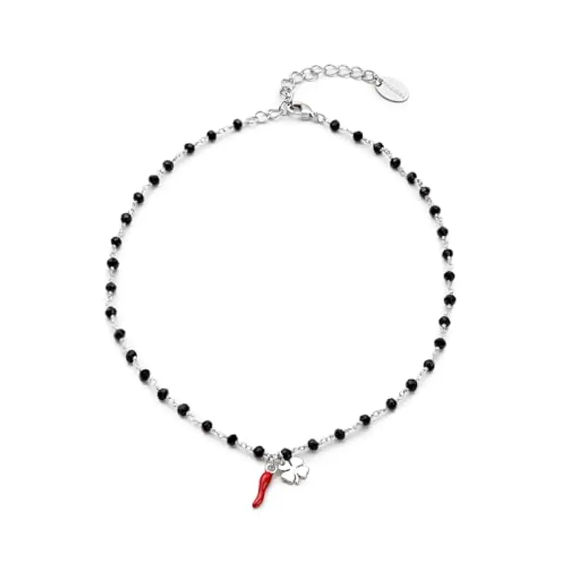 NICANDRA Collana Girocollo Donna con Cornetto Portafortuna e Quadrifoglio - Collana Rosario in Acciaio Inossidabile Regolabile da 40 a 48 cm - Portafortuna da Regalare