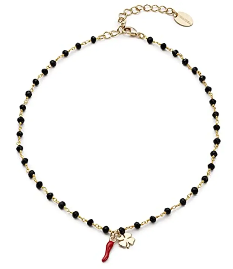 NICANDRA Collana Girocollo Donna con Cornetto Portafortuna e Quadrifoglio - Collana Rosario in Acciaio Inossidabile Regolabile da 40 a 48 cm - Portafortuna da Regalare