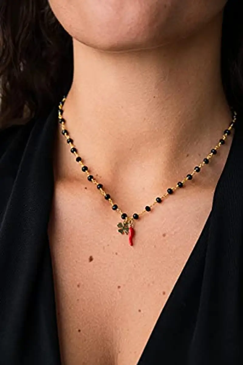 NICANDRA Collana Girocollo Donna con Cornetto Portafortuna e Quadrifoglio - Collana Rosario in Acciaio Inossidabile Regolabile da 40 a 48 cm - Portafortuna da Regalare miniatura 3