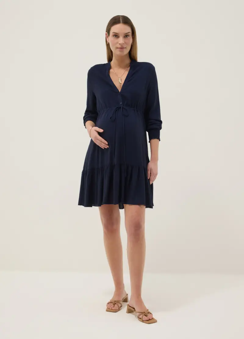 Abito Blu Premaman In Pura Viscosa Con Collo Alla Coreana, Donna, Marrone