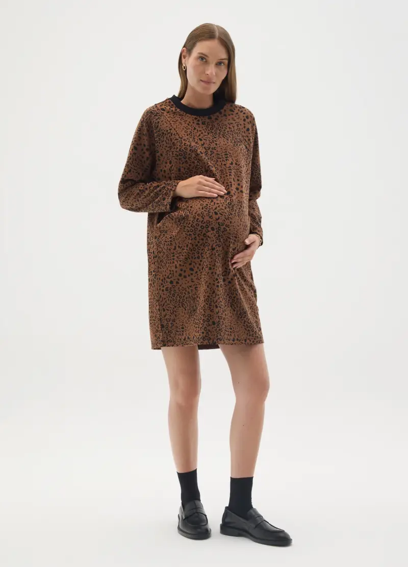 Abito Premaman Marrone Fantasia Animalier In Maglia Tessuto, Donna, Marrone