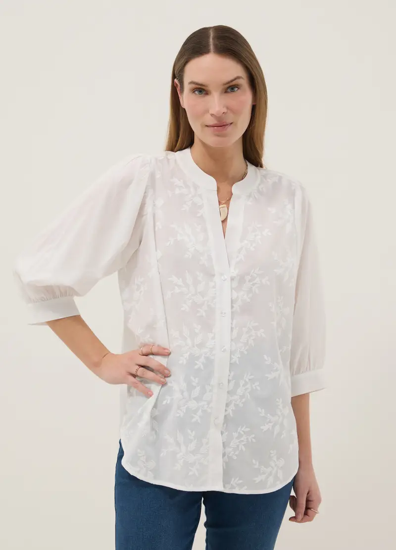 Camicia Premaman In Puro Cotone Bianca Regular Fit Con Decori Floreali, Donna, Bianco miniatura 2