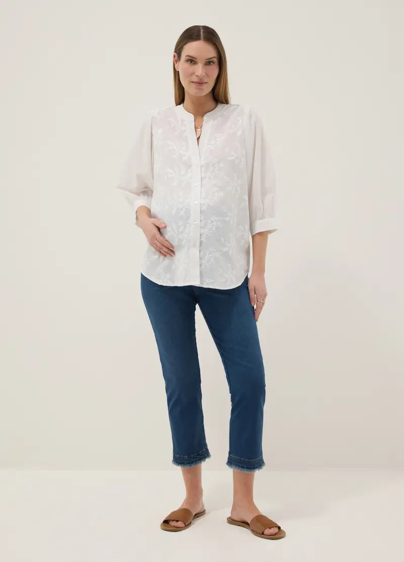 Camicia Premaman In Puro Cotone Bianca Regular Fit Con Decori Floreali, Donna, Bianco