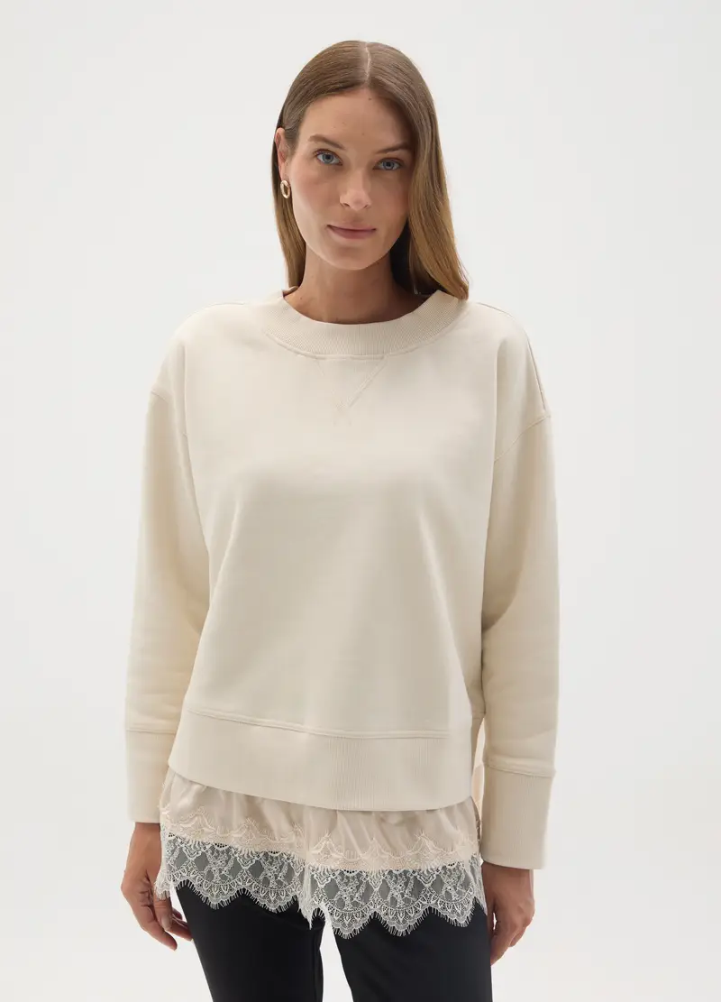 Felpa Premaman Panna In Cotone Con Orlo In Pizzo, Donna, Beige miniatura 2