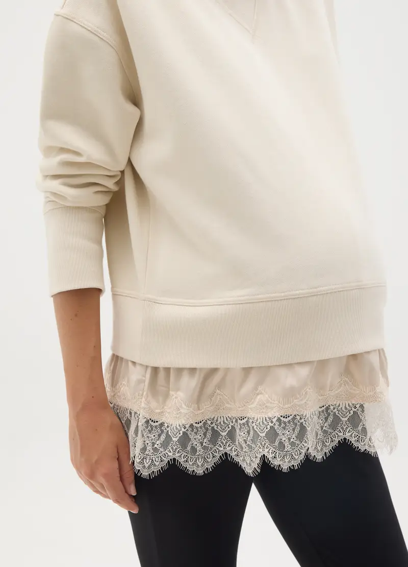 Felpa Premaman Panna In Cotone Con Orlo In Pizzo, Donna, Beige miniatura 3