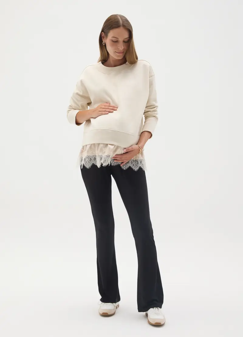 Felpa Premaman Panna In Cotone Con Orlo In Pizzo, Donna, Beige