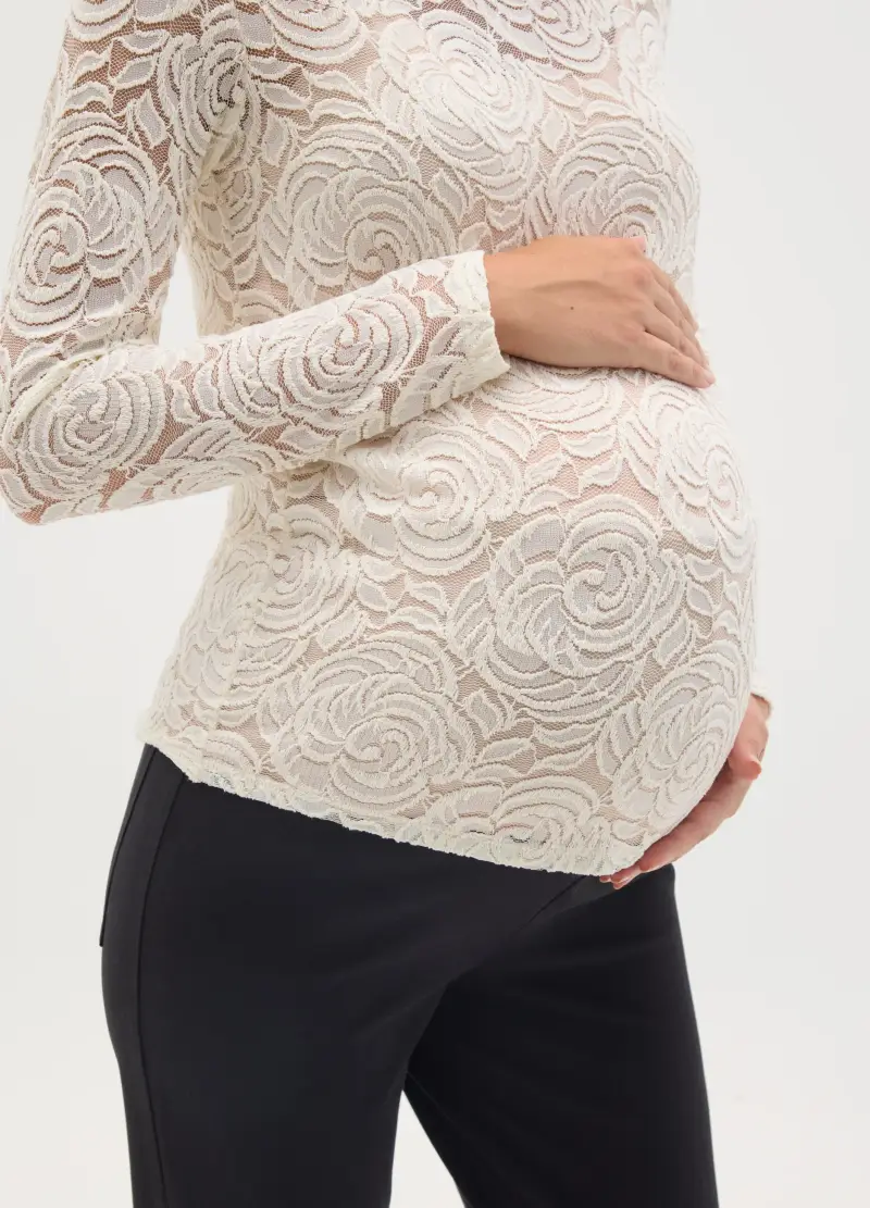 Maglia Premaman In Pizzo Panna A Maniche Lunghe, Donna, Bianco miniatura 2