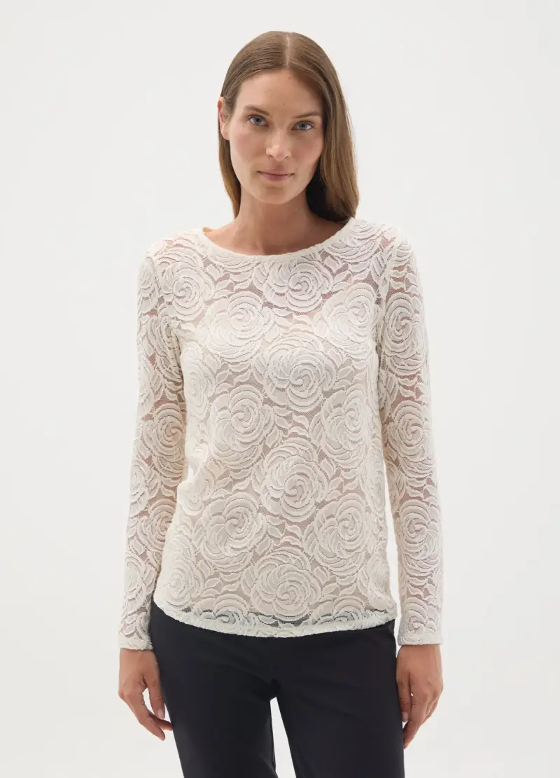 Maglia Premaman In Pizzo Panna A Maniche Lunghe, Donna, Bianco miniatura 3