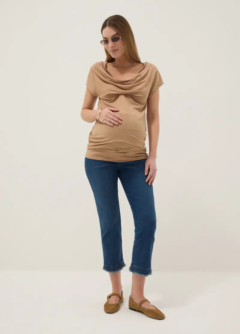 Maglietta Beige Premaman A Maniche Corte In Viscosa Elasticizzata, Donna, Beige