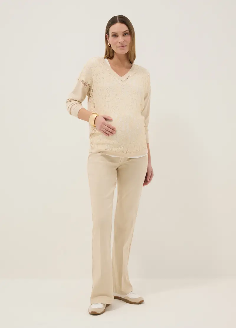 Maglione Premaman Beige In Misto Viscosa Con Lavorazione In Pizzo, Donna, Beige