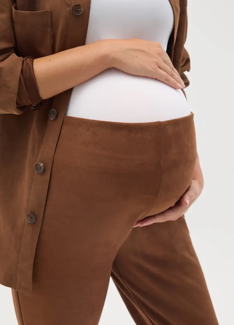 Pantaloni Premaman Elasticizzati Scamosciati Marroni, Donna, Marrone miniatura 3