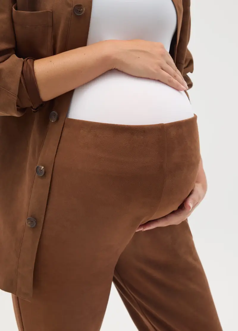 Pantaloni Premaman Elasticizzati Scamosciati Marroni, Donna, Marrone miniatura 3