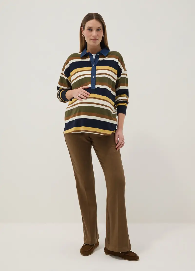 Polo A Maniche Lunghe Premaman Multicolor In Cotone Elasticizzato, Donna, Nero