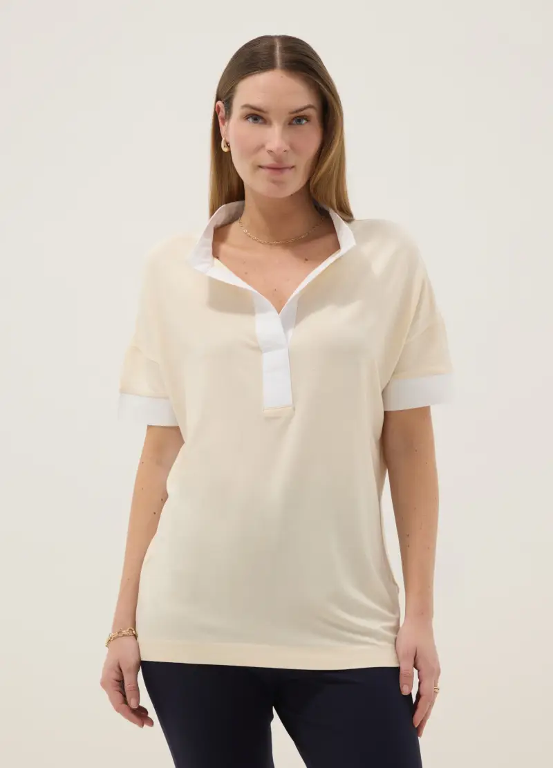 T-shirt Premaman Beige In Viscosa Elasticizzata Con Collo Alla Coreana, Donna, Beige miniatura 2