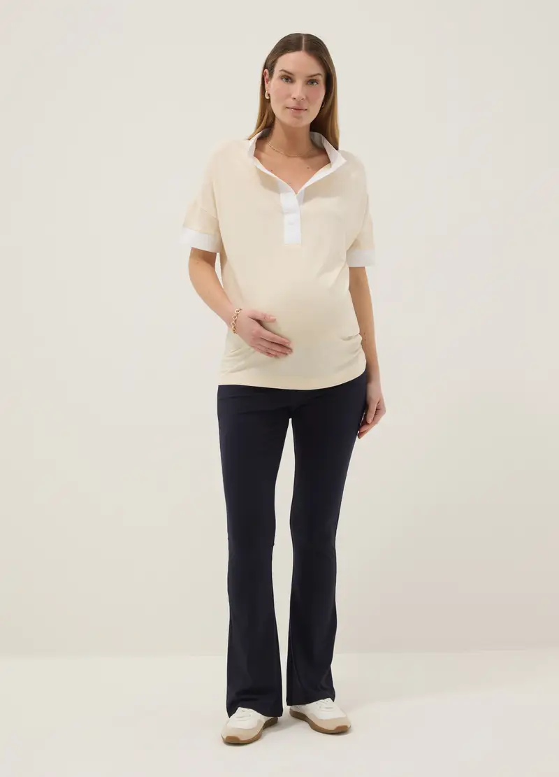 T-shirt Premaman Beige In Viscosa Elasticizzata Con Collo Alla Coreana, Donna, Beige