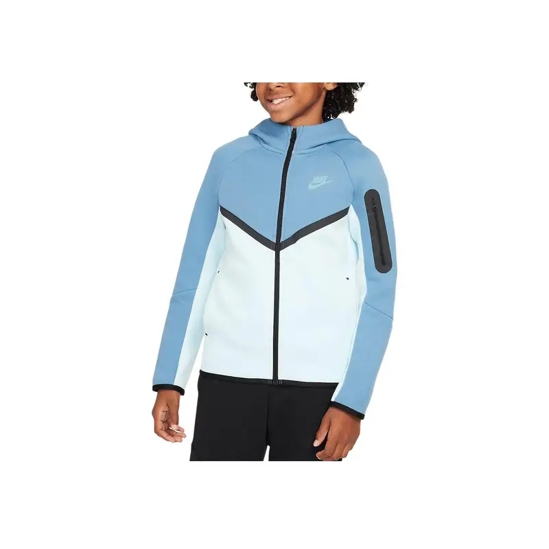 Felpa alla moda con cappuccio e zip intera Nike Sportswear Tech Fleece a maniche lunghe per bambini, colore blu ghiaccio HV5867-474 XL