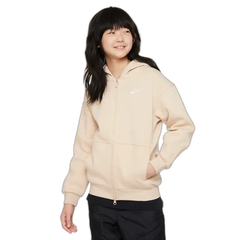 Felpa con zip da bambina Nike Club Fleece Oversized LBR Beige