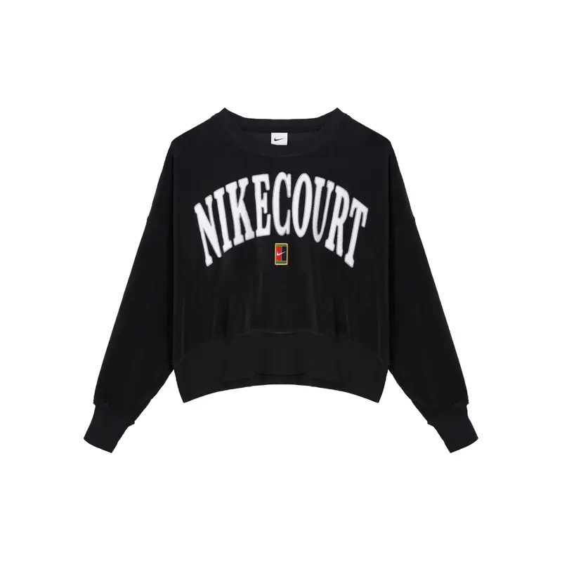 Felpa da donna Nike Court Heritage American Vintage con stampa di lettere, girocollo a maniche lunghe, nera FQ2243-010 L