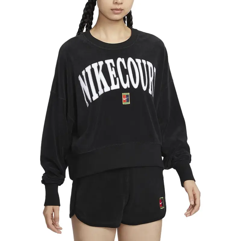 Felpa da donna Nike Court Heritage American Vintage con stampa di lettere, girocollo a maniche lunghe, nera FQ2243-010 S miniatura 4