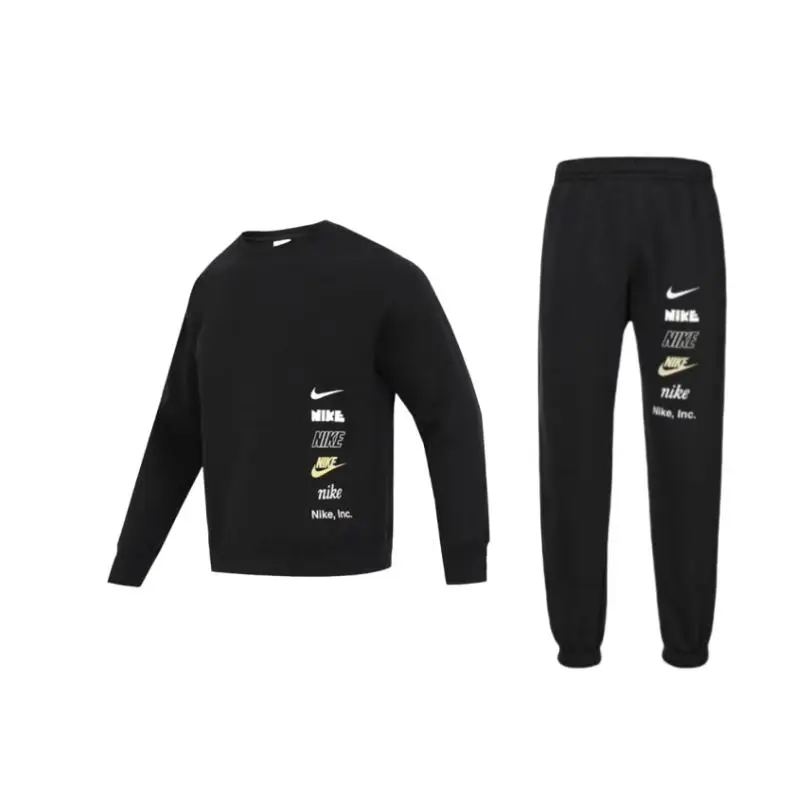 Felpa Girocollo in Pile con Logo Scritta Nike e Set Pantaloni Lunghi Sportivi in Maglia Calda Casual Unisex Set Felpa Nero DX0782-010+DX0796-010+1 XXL