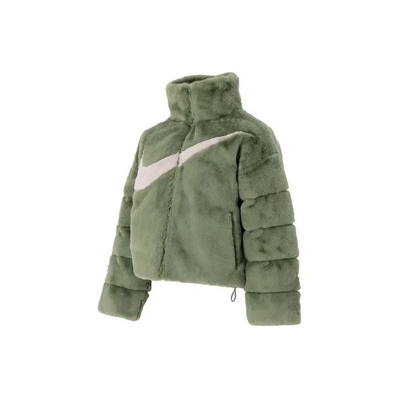 Giacca Casual da Donna con Stampa Logo Nike, Collo Alto, Effetto Visone Sintetico, Verde FN0461-386 XS