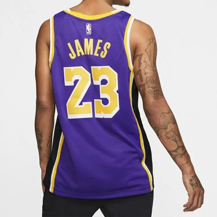 NBA Lakers LeBron James 23 Fan Edition Pullover Girocollo Jersey Uomo Abbigliamento Sportivo Viola AA7097-514 L miniatura 4