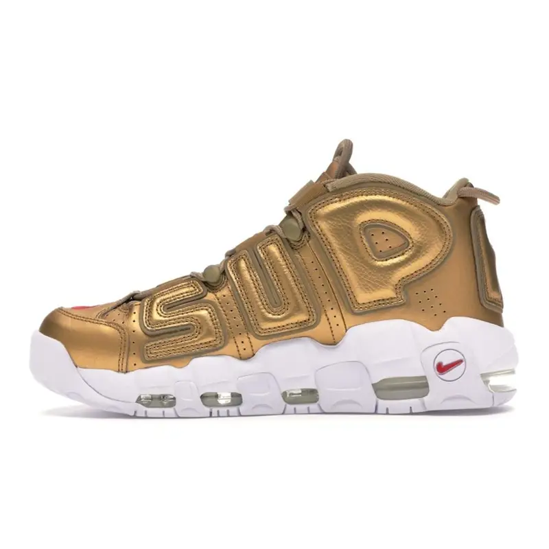 Supreme x Nike Air More Uptempo Oro Metallizzato Sneakers Unisex Bianco 902290-700 42 miniatura 4