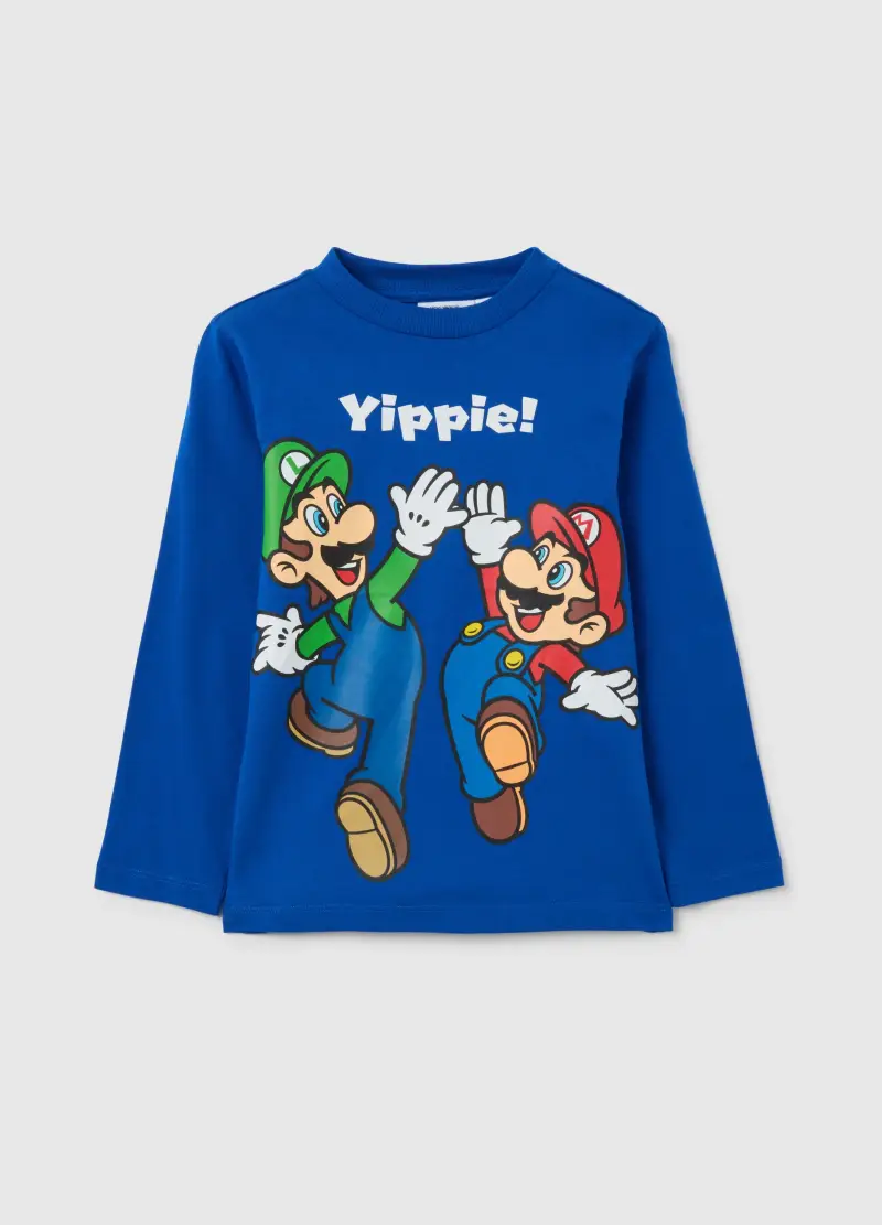 T-shirt Da Bambino In Puro Cotone Blu Con Stampa Super Mario, Blu