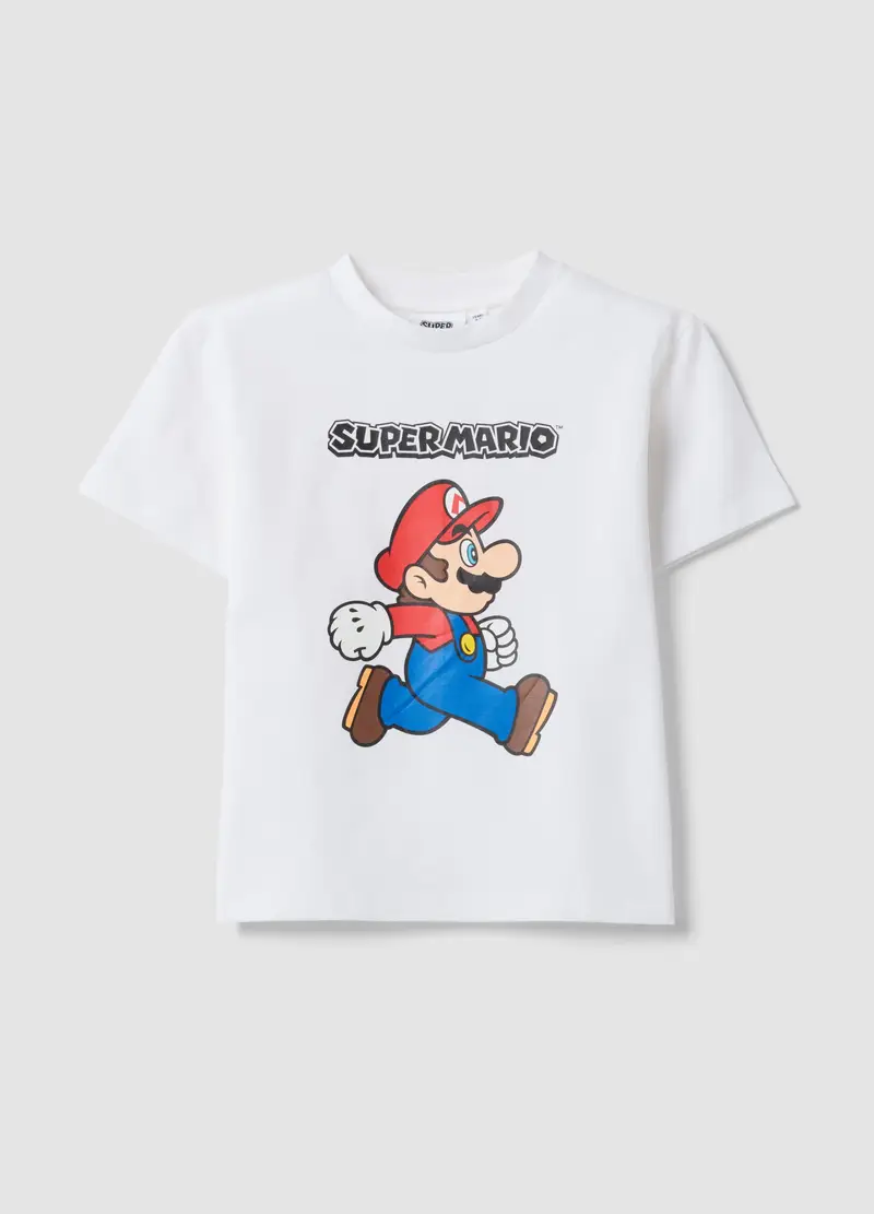 T-shirt In Cotone Elasticizzato Bianco Da Bambino Con Super Mario, Bianco