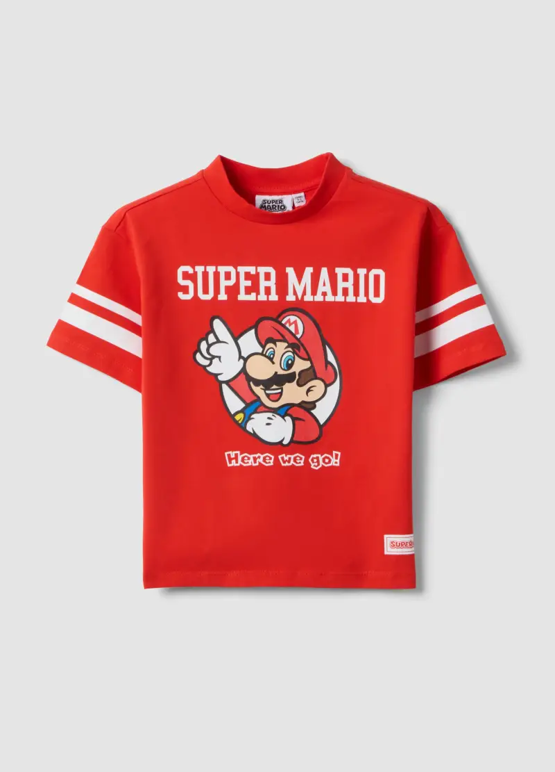 T-shirt In Cotone Elasticizzato Rossa Da Bambino Con Super Mario, Rosso