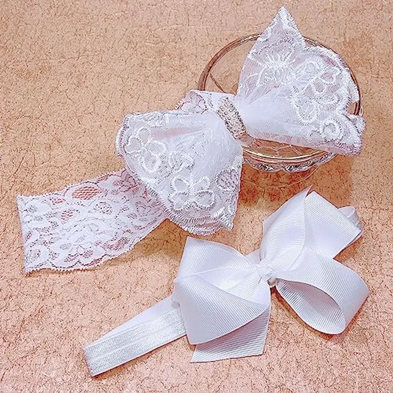 Nishine 2 confezioni per battesimo per neonato, con fiocco bianco, fascia per capelli per bambini, nodo di prua miniatura 3