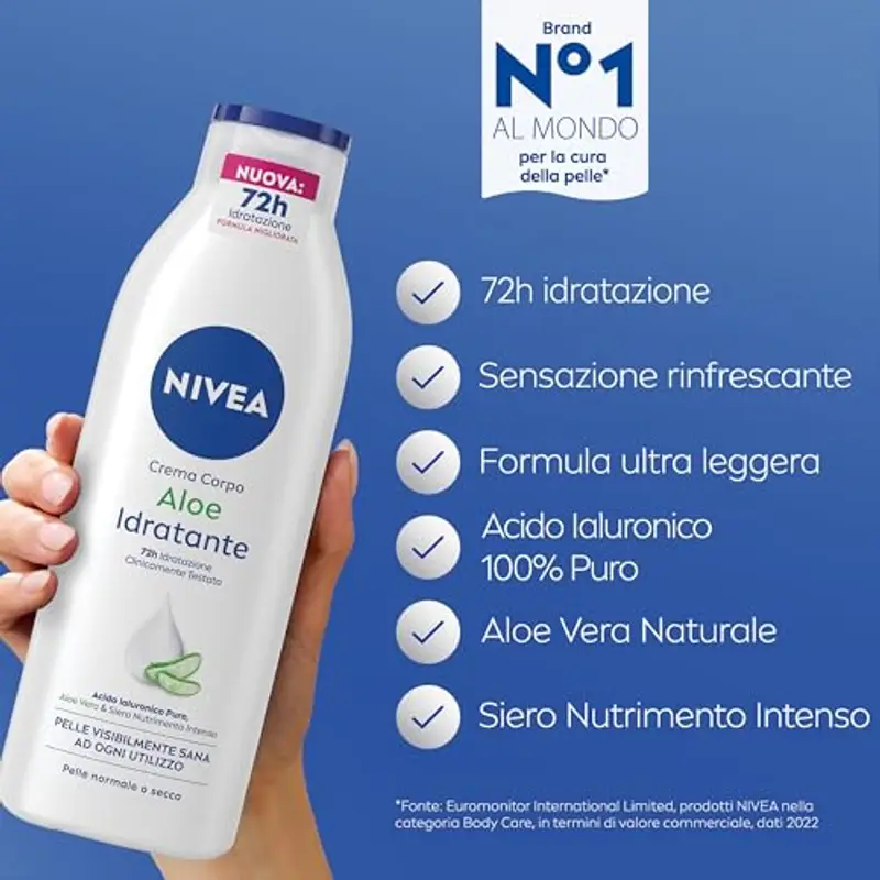 NIVEA Crema Corpo Aloe Idratante 500 ml, Crema idratante corpo 72h arricchita con Acido Ialuronico Puro, Aloe Vera e Siero Nutrimento Intenso, Crema corpo idratante pelle secca o normale miniatura 2