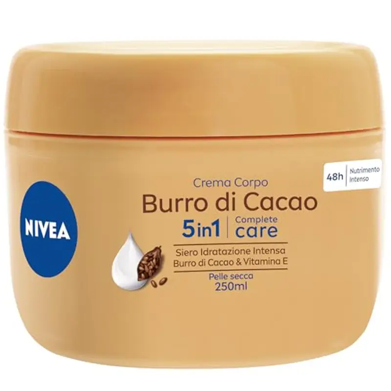 NIVEA Crema Corpo Burro di Cacao 250ml, Crema corpo idratante 48 ore, Crema corpo idratante pelle secca arricchita con Siero Idratazione Intensa, Burro di Cacao & Vitamina E