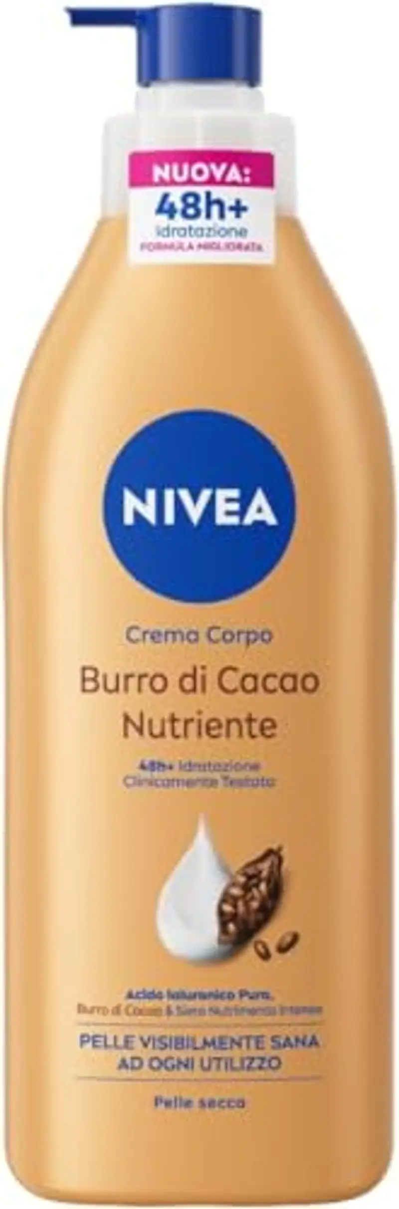 NIVEA Crema Corpo Burro di Cacao Nutriente 400 ml, Crema idratante corpo 48h+ arricchita con Acido Ialuronico Puro, Burro di Cacao e Siero Nutrimento Intenso, Body lotion per pelle secca o molto secca