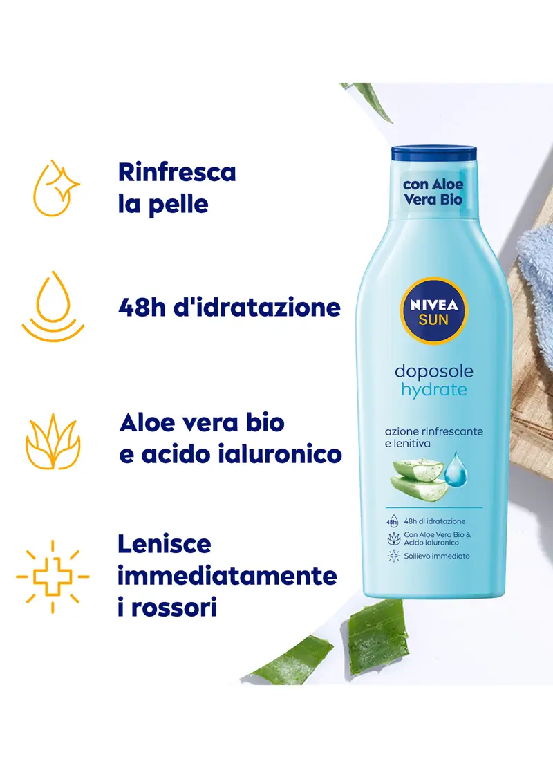 Nivea Sun Latte Doposole Hydrate 200 Ml, Dopo Sole Idratante Con Aloe Vera Bio E Acido Ialuronico, Donna, Bianco miniatura 3
