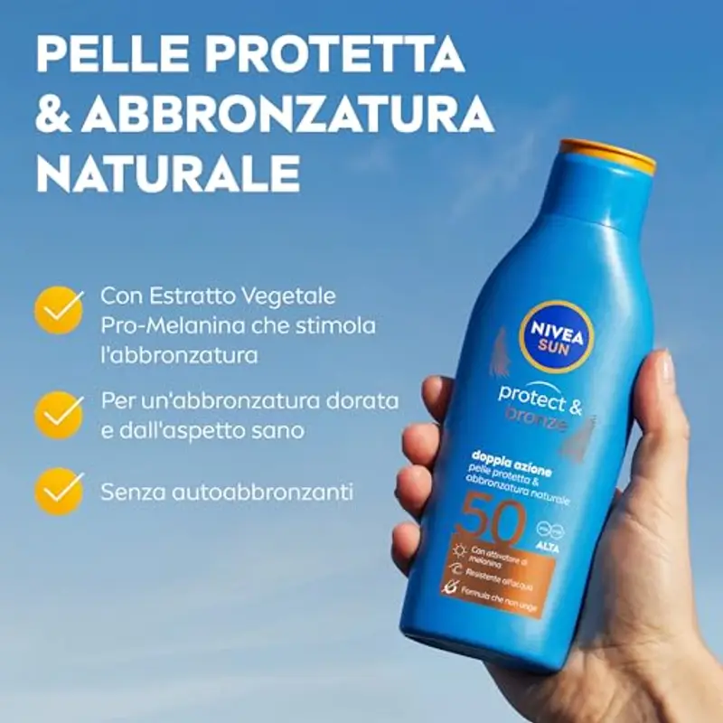 NIVEA SUN Latte Solare Protect & Bronze FP 50 200 ml, Crema solare 50 per un'abbronzatura dorata, intensa e uniforme, Protezione solare 50 con attivatore di melanina miniatura 2