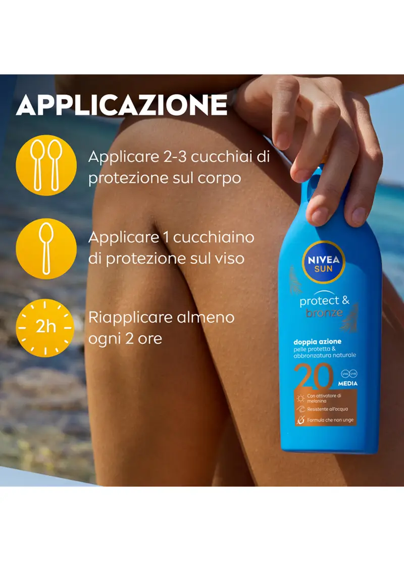 Nivea Sun Latte Solare Protect & Bronze Fp20 200 Ml, Crema Solare 20 Per Un'abbronzatura Dorata, Donna, Bianco miniatura 2