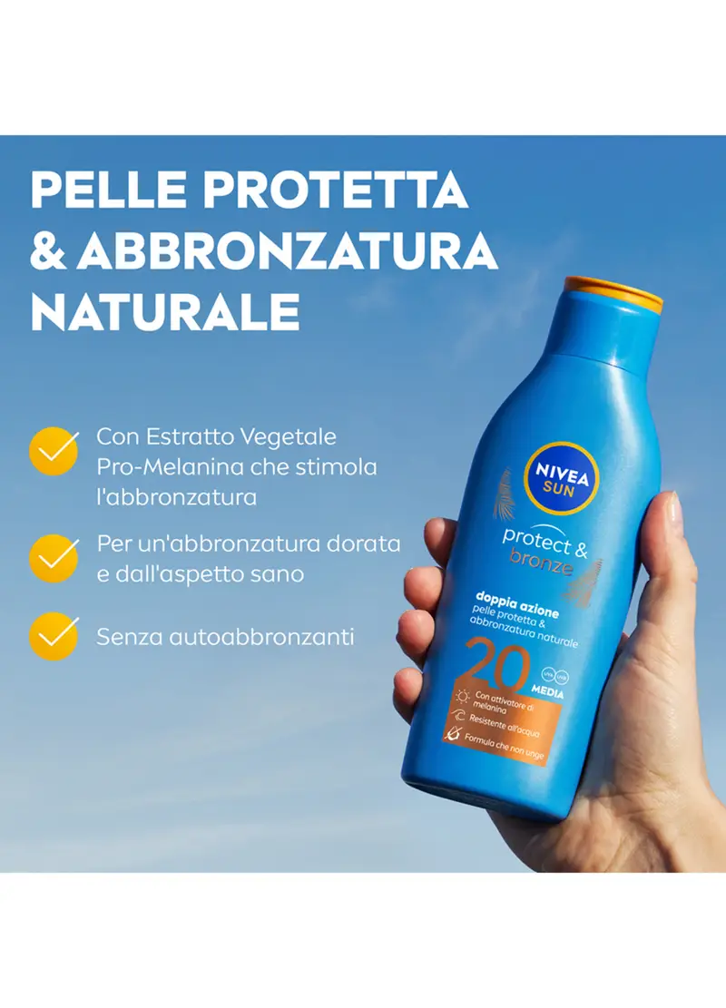 Nivea Sun Latte Solare Protect & Bronze Fp20 200 Ml, Crema Solare 20 Per Un'abbronzatura Dorata, Donna, Bianco miniatura 3